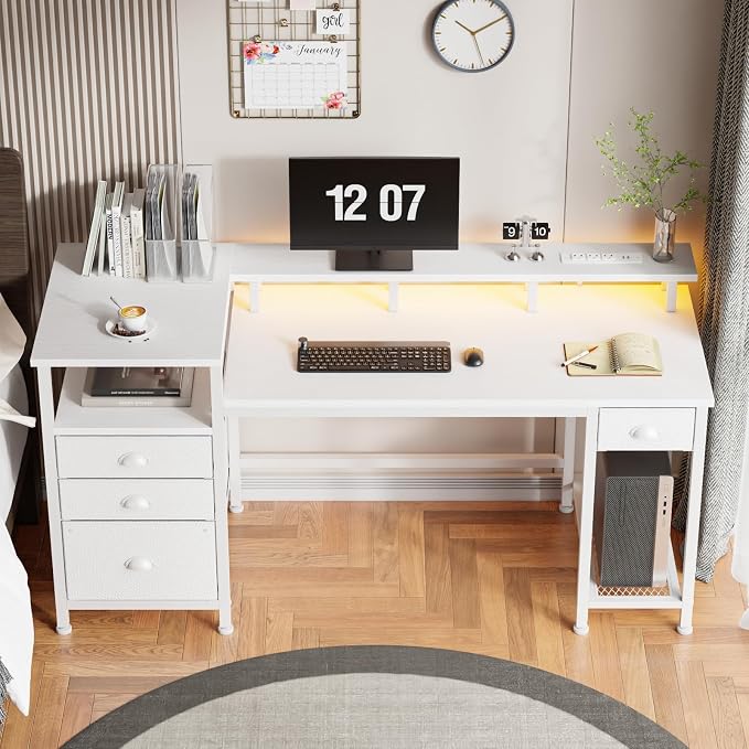 Furologee 60" White Computer Desk with 4 Drawers, Power Outlet, LED Lights | Home Office Desk with Full Monitor Stand,Storage Shelves, 4 File Drawers Cabinet ,Printer Space for Study Working Bedroom - Image 2