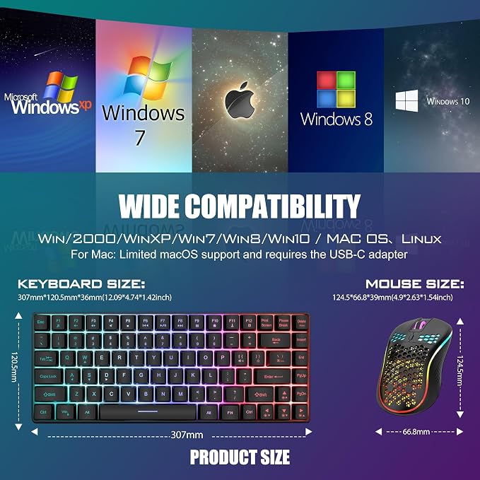 RedThunder K84 Wireless Keyboard and Mouse Combo, Rainbow Backlit Rechargeable Battery, 75% Layout TKL Ultra Compact Gaming Keyboard & Lightweight 3200 DPI Honeycomb Optical Mouse (Black) - Image 6