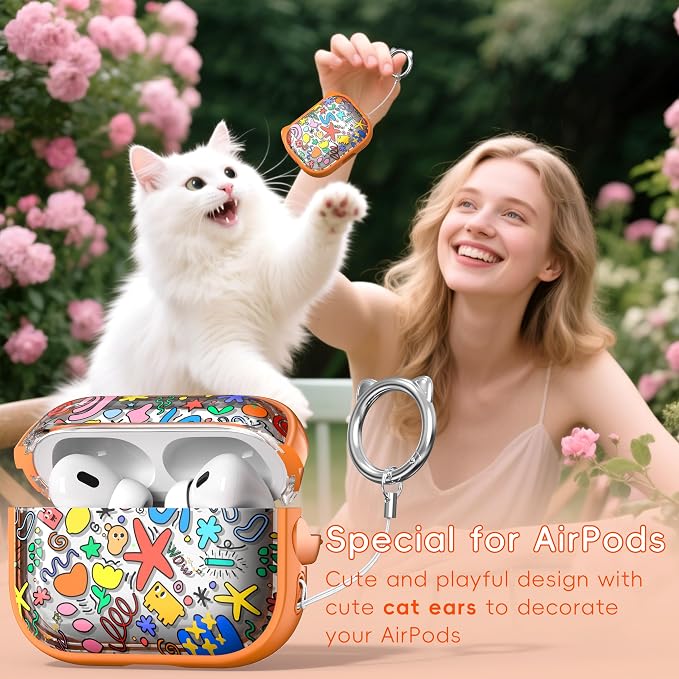 for AirPods Pro 2 Case with Cleaning Kit, Cute Cat Ear Print Design & Cute Buckle for Girls, Phone Holder & Top Safe Lock Buckle Design for AirPods Pro 2nd/1st Gen case, Orange Seaworld - Image 3