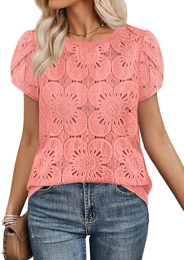 OFEEFAN Blouses for Women Dressy Casual Petal Short Sleeve Shirts Crochet Lace Boho Tops Spring Fashion Summer Outfits - Image 2