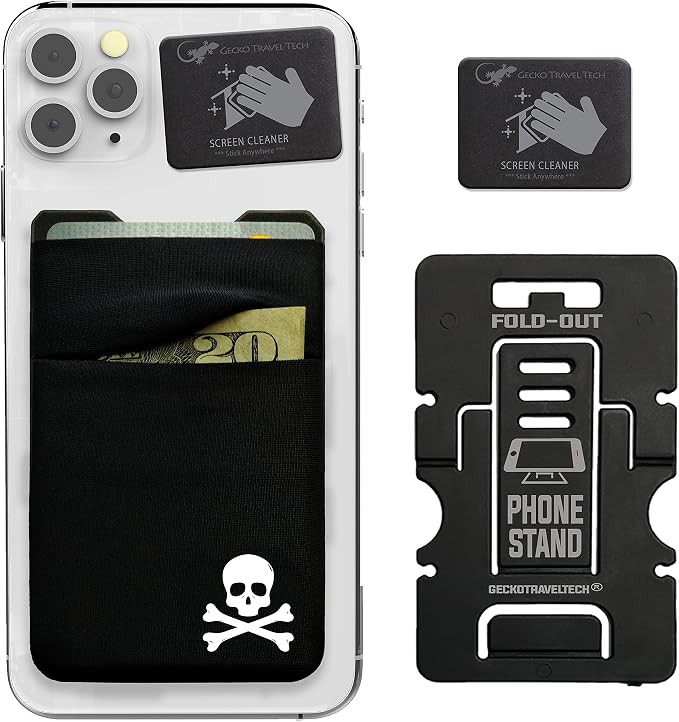 Gecko Travel Tech Double Pocket - Adhesive Card Holder - Cell Phone Pouch - Stick on Spandex Pocket - Carry Credit Cards and Cash - Skull by GeckoTravelTech