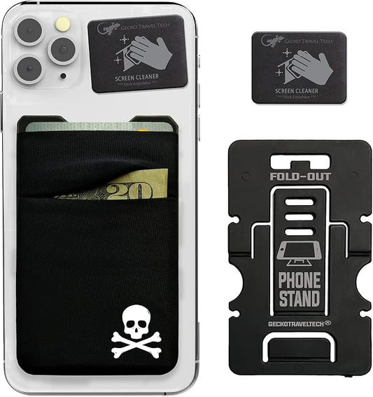 Gecko Travel Tech Double Pocket - Adhesive Card Holder - Cell Phone Pouch - Stick on Spandex Pocket - Carry Credit Cards and Cash - Skull by GeckoTravelTech