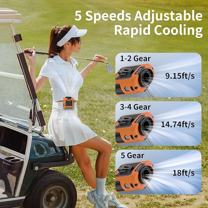 Socool 10000mAh Portable Waist Fan Clip on Wearable Belt Personal Fan Rechargeable Battery Operated with 5 Speeds & Flashlight Neck Hands-Free 40H Cooling for Outdoor Travel Power Bank (Orange) - Image 2