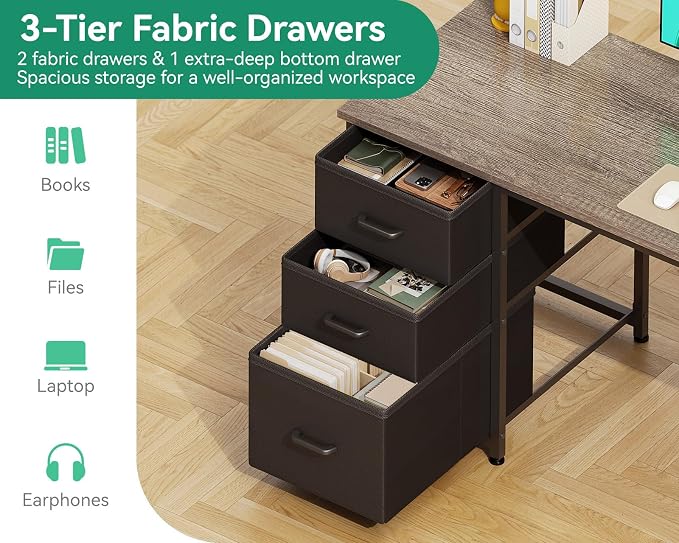 AODK 51 Inch Computer Desk with Drawers & USB Power Outlets | Reversible Home Office Desk with Storage Shelves, Work from Home, Modern Work/Writing/Study Table for Bedroom, Grey Oak - Image 5