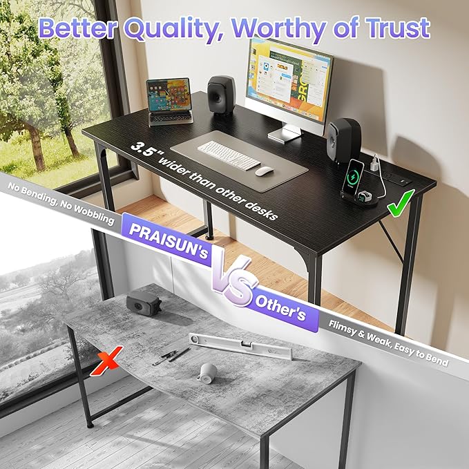 PRAISUN 40 X 20 Inch Computer Desk, Power Outlets, USB-C, Black | Office Desk with 4 AC Outlets, USB & USB-C, Sturdy Metal Frame, Spacious Desktop for Work, Writing, Study & Gaming - Image 5