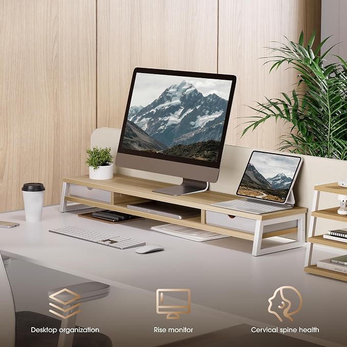 Fenge Dual Monitor Stand, Monitor Riser with Drawer, 42.5 Inch Large Computer Monitor Stand for 2 Monitors, 2 Tier Wooden Desk Shelf for Top of Desk - Image 7