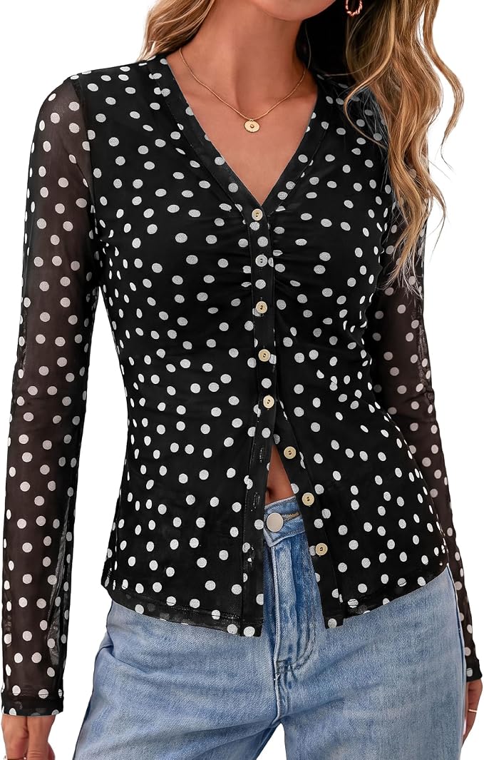 BTFBM Button Down Shirts for Women 2026 Fall Boho Tops V Neck Long Sleeve Blouses Ruched Mesh Fitted Fashion Clothing - Image 7