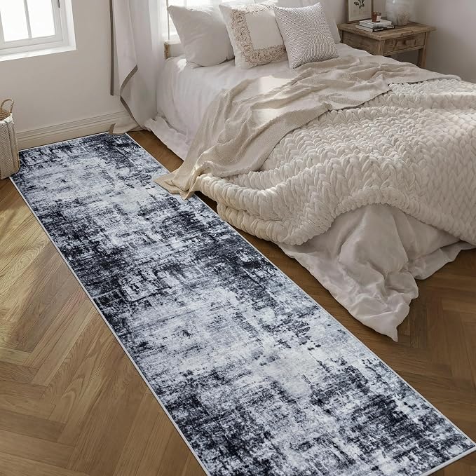 Washable Area Rug 3x14 Entryway Rug: Washable Modern Abstract Soft Thin Rug Indoor Floor No Slip Stain Resistant Carpet for Bedroom Dining Room Farmhouse Nursery Home Office - Dark Black - Image 2