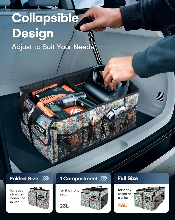 HOTOR Trunk Organizer- Car Organizer, Foldable Trunk organizer for SUVs & Sedans, Sturdy Car Organization for Car Accessories, Tools, Sundries, Blue Flower, 2 Compartments, 21.3"×12.6"×10.6" - Image 5