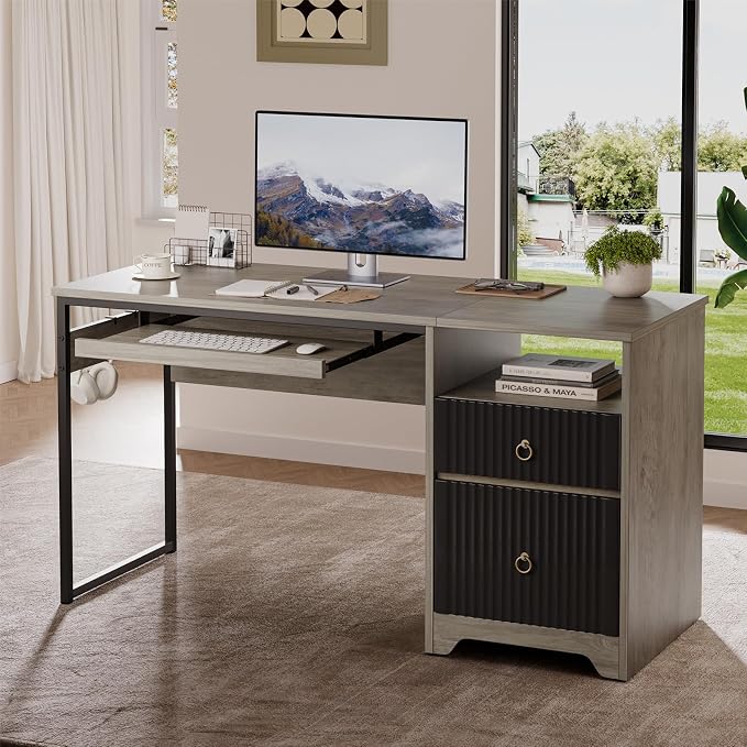 Bestier 55Inch Modern Fluted Desk with Drawers & Keyboard Tray, Grey | 55 X 22 In Work Surface, File Drawer, Reversible Pedestal, Fluted Panels And Keyboard Tray For Home Office Storage. - Image 2