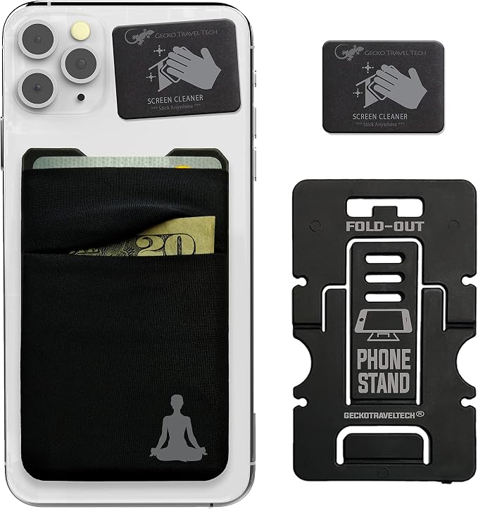 Gecko Travel Tech Double Pocket - Adhesive Card Holder - Cell Phone Pouch - Stick on Spandex Pocket - Carry Credit Cards and Cash (YOGA) by GeckoTravelTech
