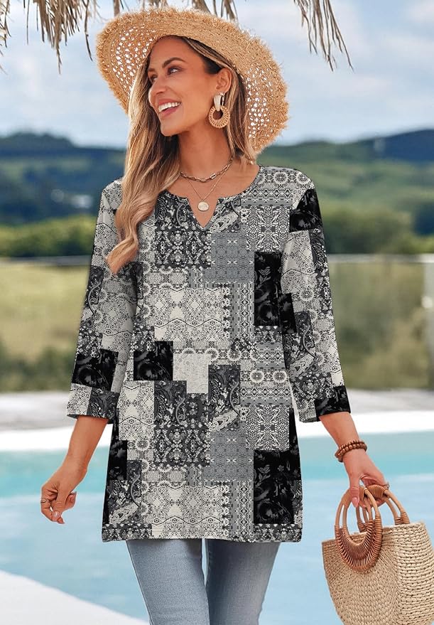 OFEEFAN Summer Boho Tops For Women 3/4 Length Sleeve Womens Tops Vacation Outfits - Image 3