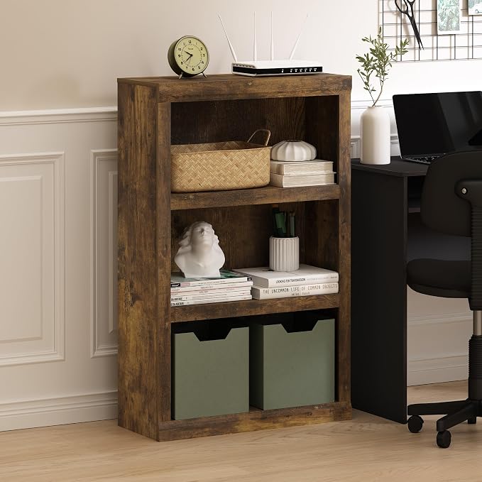 Furinno Rail Book Shelf, 3-Tier Classic Style Bookshelf, Bookcase with Open Shelf, 10.1 x 24.6 x 39, for Organization and Storage, for Living Room, Bedroom, Home Office, Amber Pine - Image 2