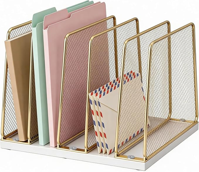 LEKETREE Gold Desk File Organizer, 5-Section Upright File Sorter, Vertical File Folder Holder, Mesh Metal Wood Office Desk Organizer for Document, Magazine, Books and more (White and Gold) by Stylishworkspaceeffortlessorganization