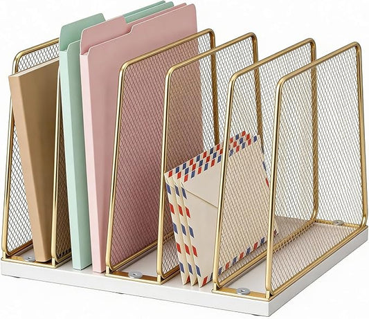 LEKETREE Gold Desk File Organizer, 5-Section Upright File Sorter, Vertical File Folder Holder, Mesh Metal Wood Office Desk Organizer for Document, Magazine, Books and more (White and Gold) by Stylishworkspaceeffortlessorganization