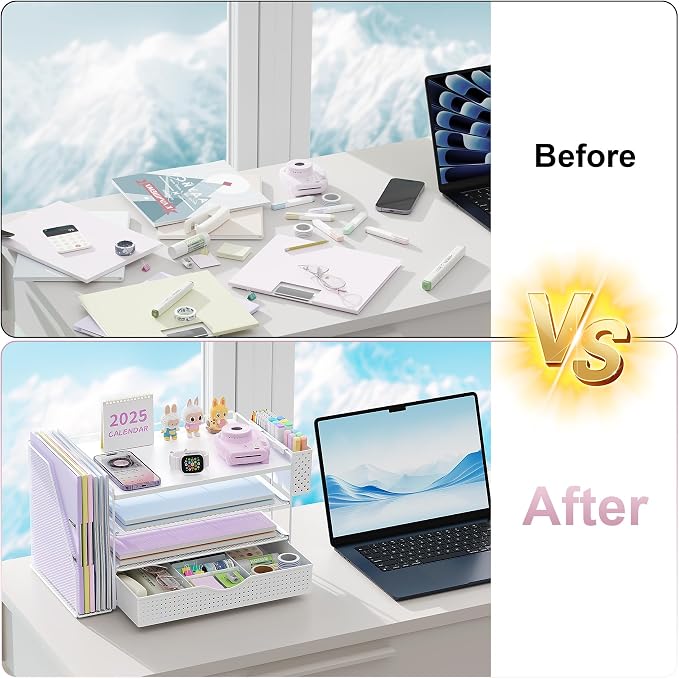 gianotter Wood Desk Organizers and Accessories with File Holder, 4-Tier Desk Accessories & Workspace Organizers with Drawer and Pen Holder, Desk Reference Organizer (White, 4T with Drawer) - Image 2