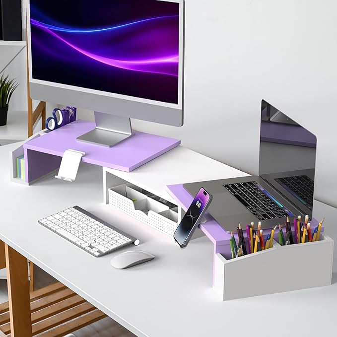 Simple Houseware Desk Dual Monitor Stand Riser with Drawer, Purple | Customizable Organizer Tray, Built-In Phone & Tablet Slot and Side Storage - Image 6