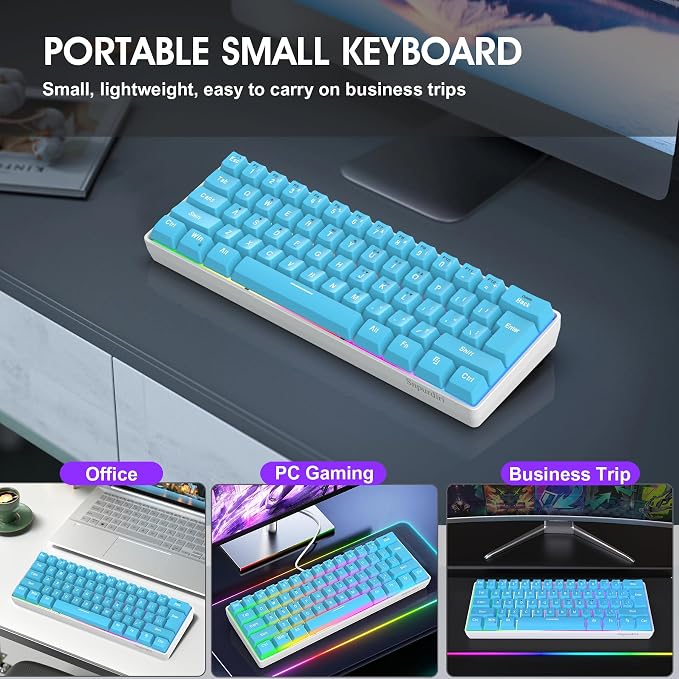 Snpurdiri 60% Wired Gaming Keyboard, 61 Keys RGB (Blue) | Small Ultra-Compact Backlit 60 Percent Gaming Keyboard for PC/Mac Gamer, Typist, Travel, Easy to Carry on Business Trip - Image 8