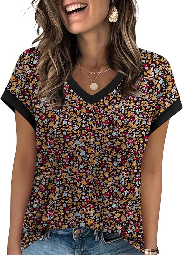 WIHOLL Womens Summer Tops 2026 Cap Short Sleeve Shirs V Neck T Shirts Fashion Beach Vacation Clothes Color Block - Image 3