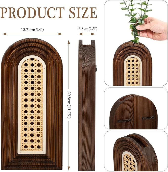 Dnnnii 2 Pack Wooden Wall Vase Set - Dark Brown Finish Hollow Rattan Modern Farmhouse & Boho Wall Decor for Entryway, Hallway, Bathroom, Living Room, Dining Room, Narrow Spaces - Image 2
