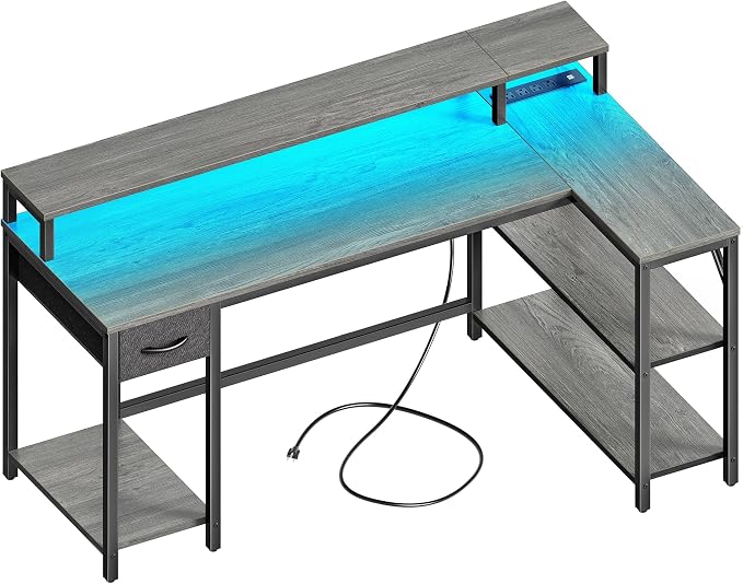 SUPERJARE 53 inch Reversible L Shaped Desk with LED Lights & Power Outlets, Computer Desk with Shelves & Monitor Stand, Gaming Desk with Drawer, Home Office Desk Corner Desk, Grey by SUPERJARE