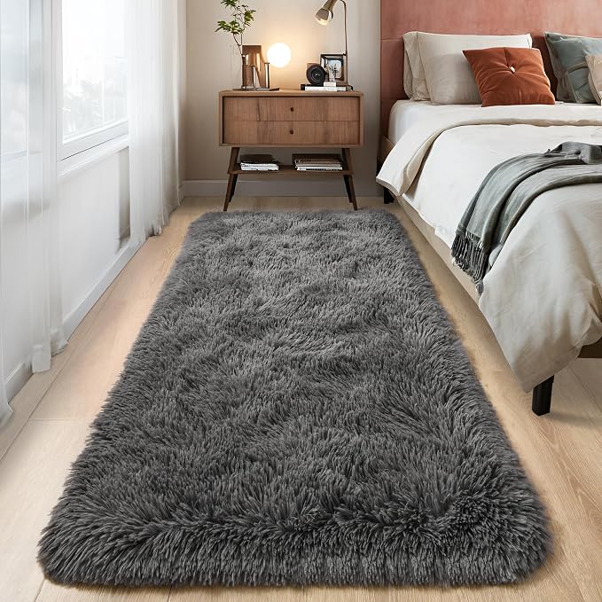 Tepook Fluffy Runner Rugs for Bedroom Aesthetic 2x6 Feet, Shag Soft Bedside Rug with Non-Slip Bottom, Fuzzy Plush Carpet for Room, Hallway Rug for Nursery Dorm Indoor Home Decor, Dark Grey by Tepook