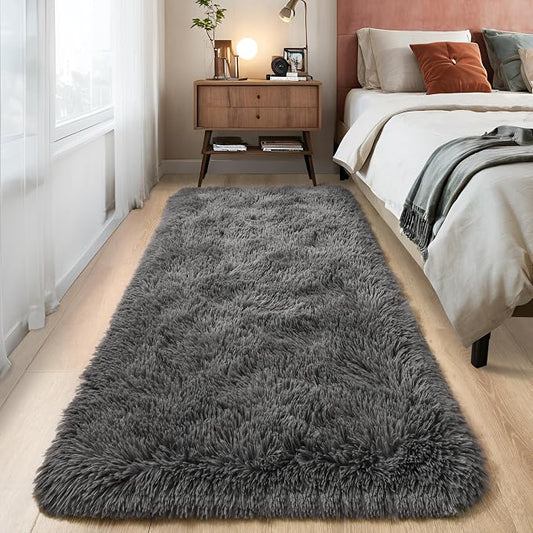 Tepook Fluffy Runner Rugs for Bedroom Aesthetic 2x6 Feet, Shag Soft Bedside Rug with Non-Slip Bottom, Fuzzy Plush Carpet for Room, Hallway Rug for Nursery Dorm Indoor Home Decor, Dark Grey by Tepook