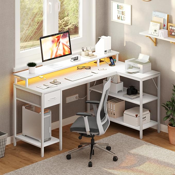 DUMOS 53 Inch Gaming Desk, L Shaped Desk, LED Lights | Monitor Stand, Storage Shelves, Computer Table, USB Charging Ports, Power Outlets, Small Spaces, White - Image 8