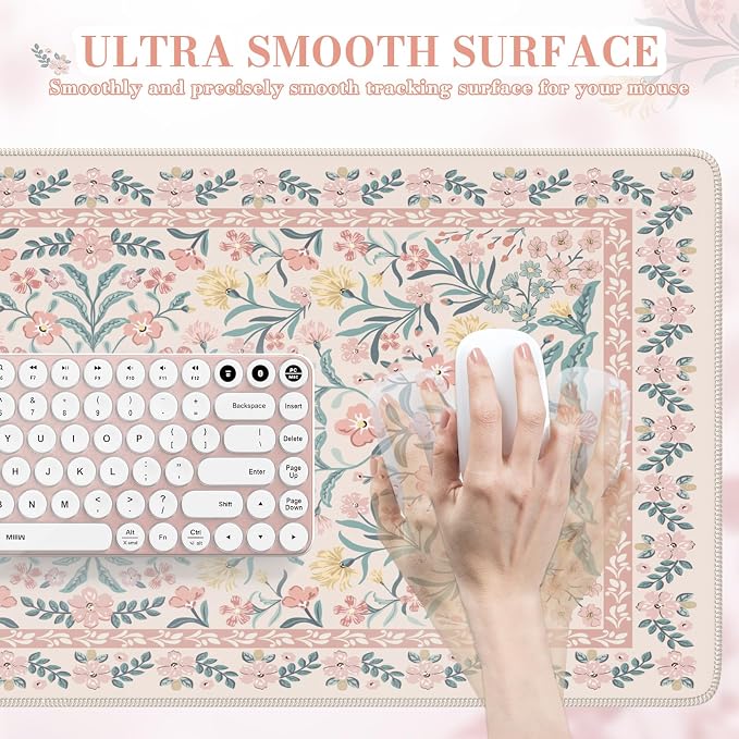 iCasso Desk Mat,Mouse Pad for Office Desk,35.4x15.7in,Pink Floral | Desk Pad for Women Home Office Decor Supplies, Desk Accessories, Non-Slip Mousepad with Stitched Edge, Smooth Water-Resistant - Image 3