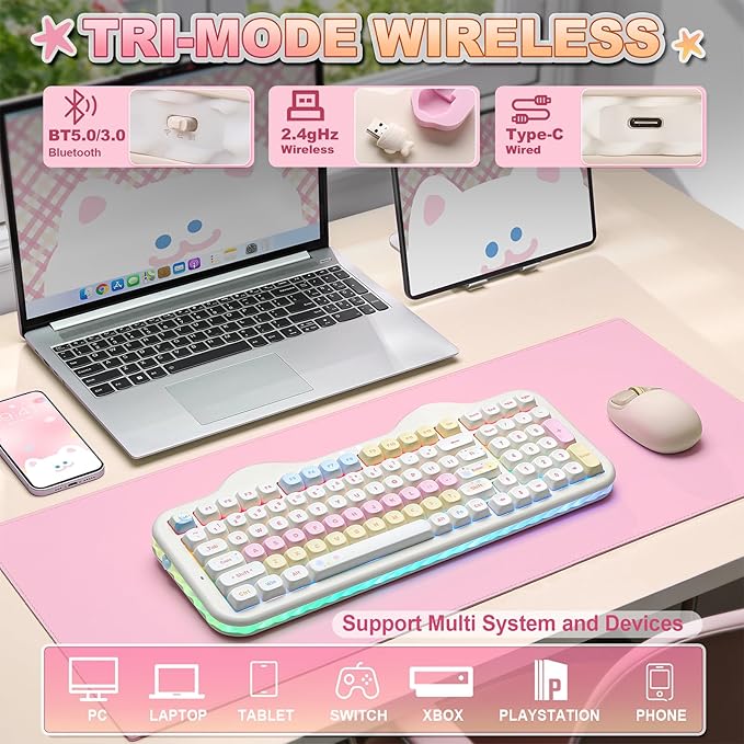 YUNZII C98 Cute Cake Wireless Mechanical Keyboard (Beige, Candy Switch) | 99 Keys with Number Pad, Hot Swap, PBT MOA Keycaps, BT5.0/2.4G/USB-C, Gasket Mount, Custom RGB Backlit for Win/Mac - Image 3