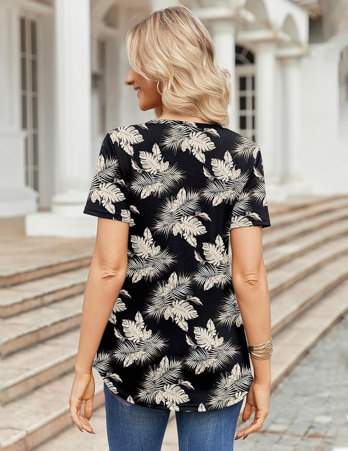 Zeagoo Womens Short Sleeve Tops Summer Henley V-Neck Tshirts Casual Pleated Blouse Dressy Loose Floral Basic Tee - Image 4