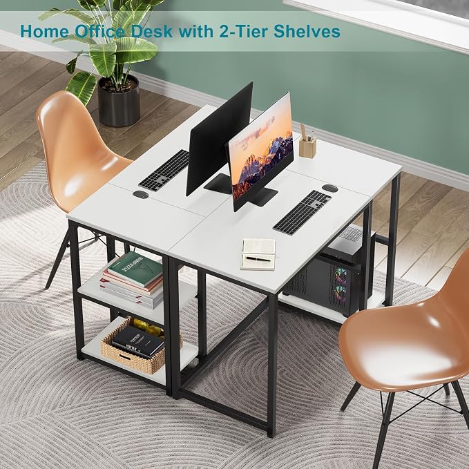 SINPAID Computer Desk 47 inches with 2-Tier Shelves Sturdy Home Office Desk with Large Storage Space Modern Gaming Desk Study Writing Laptop Table, White Desk - Image 5