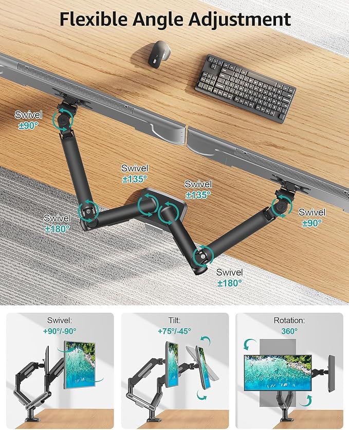 MOUNT PRO Dual Monitor Desk Mount, Pneumatic Monitor Arms for 2 Monitors Max 39 Inches, Adjustable Dual Computer Monitor Stand Each Arm Holds up to 26.5lbs, VESA Mount with C Clamp & Grommet Base - Image 5