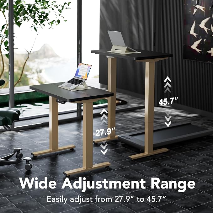 HUANUO 32" Small Electric Standing Desk Adjustable Height, 4 Memory Height Settings, Sit Stand Up Desk for Home Office & Computer Workstation, Black and Gold Frame - Image 3