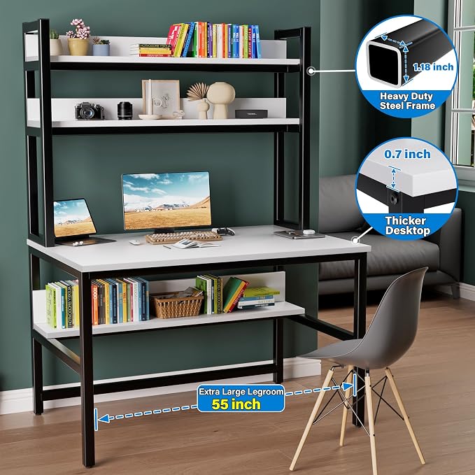 Aquzee Computer Desk, Easy Assembly Gaming Table with Hutch and Shelves, 4 Tiers Desk with Large Wood Desktop, Metal Legs, Ideal for Storage Study Work Writing Homework, White, 55Wx65Hx23.6D Inches - Image 3