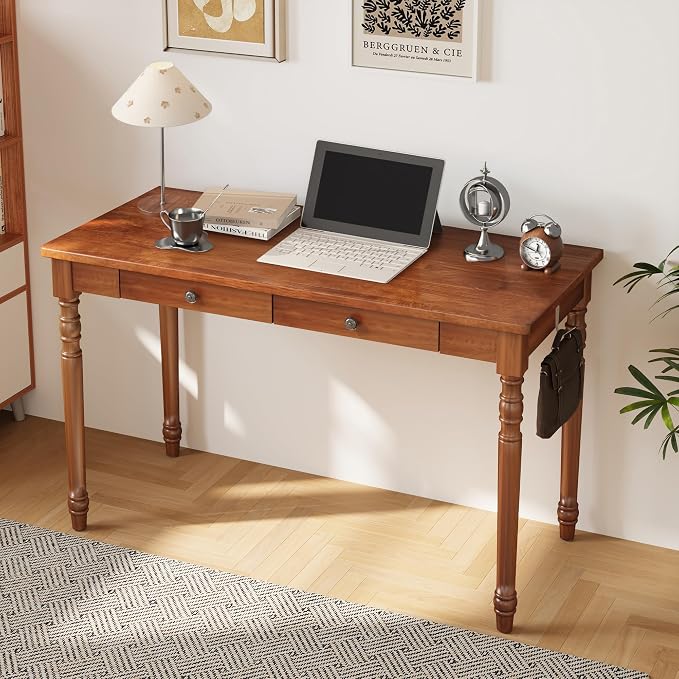 47 x 22 Inch Wooden Desk with Drawers -Simple Mid Century Modern Desk with 2 Hooks, Solid Rubber Wood Study Table for Living Room, Bedroom & Home Office, Walnut Color by Sumbame