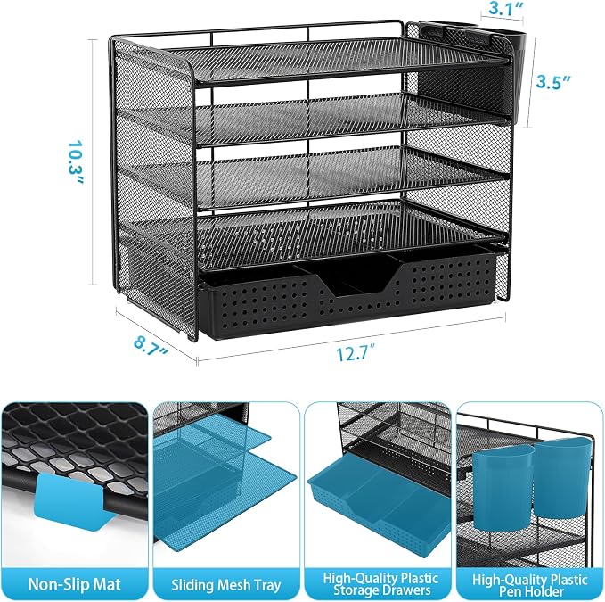 LEKETREE Desk Organizer and Accessories, 5-Tier Paper Letter Tray Organizer with Drawer & 2 Pen Holders for Desktop File Organization, Office Desk Accessories for Supplies Storage (Black) - Image 2
