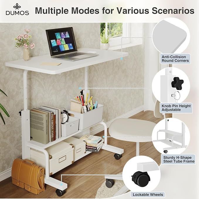 DUMOS Rolling Desk, Storage Shelves, Laptop Table, Home Office | Height Adjustable Design, Computer Desks on Wheels, Portable for Small Spaces Use, White - Image 4