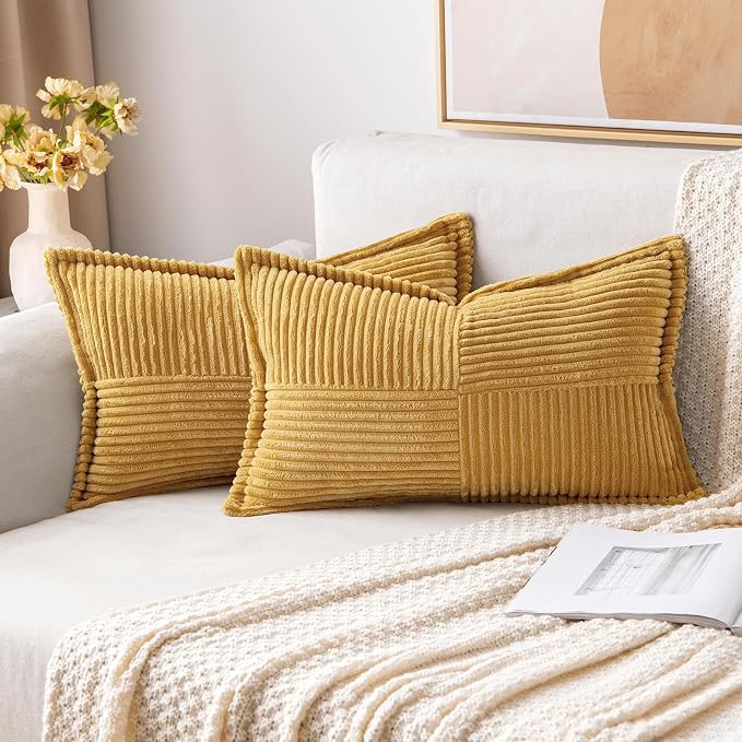 MIULEE Decorative Lumbar Throw Pillow Covers for Couch Bed Livingroom 12x20 Inch Set of 2 Gold Boho Accent Throw Pllows Broadside Striped Patchwork Soft Corduroy Summer Pillowcases by MIULEE