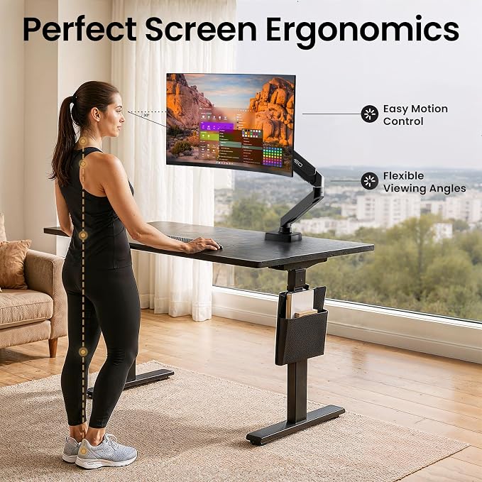 EVEO Premium Single Monitor Arm 14"–34", Adjustable Gas Spring Monitor Mount, Single Arm Desk Mount for 34 Inch Computer Screens, VESA Compatible Stand with Clamp and Grommet Base – Black - Image 6