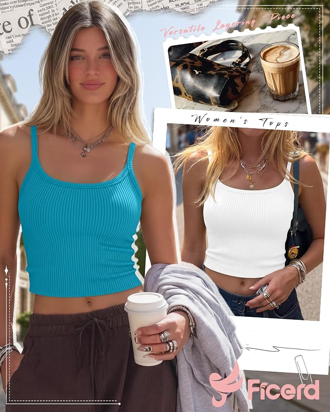 Ficerd 3 Pack Women's Tank Tops 95% Cotton Spaghetti Strap Ribbed Crop Camisole Slim Fitted Basic Summer Sleeveless Layer - Image 4