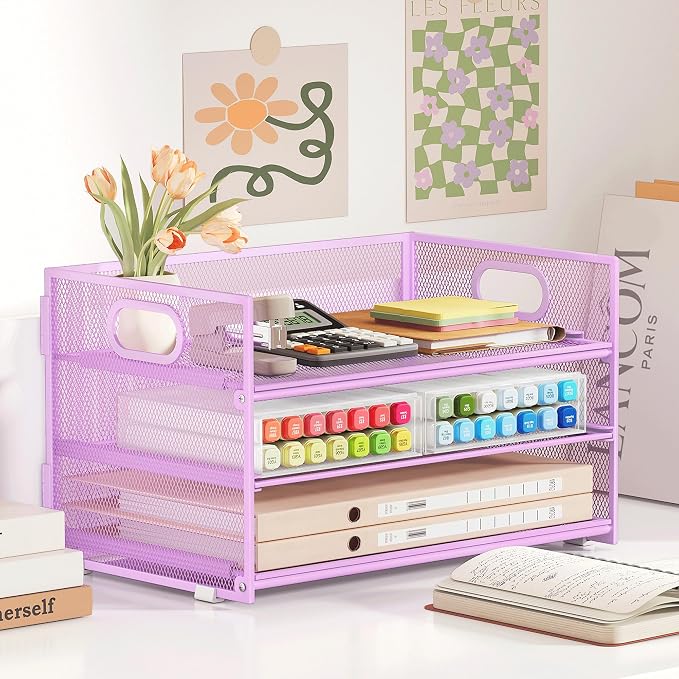 Subekyu 3 Tier Letter Tray Paper Organizer with Handle and 1 PC Sliding Tray, Purple Metal Mesh Desk File Folder Paper Sorter Organizer for Home Office School Desk Supplies Organization Storage - Image 4