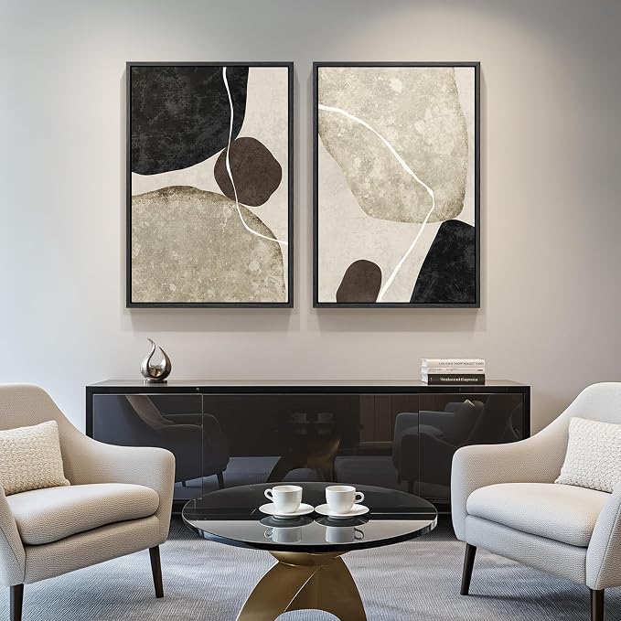 Large Framed Neutral Abstract Wall Art Set of 2, Modern Black Beige Brown Canvas Prints Paintings Artwork for Walls, Minimalist Stone Shape Pictures for Living Room Dining Bedroom Wall Decor 24x36 In - Image 5