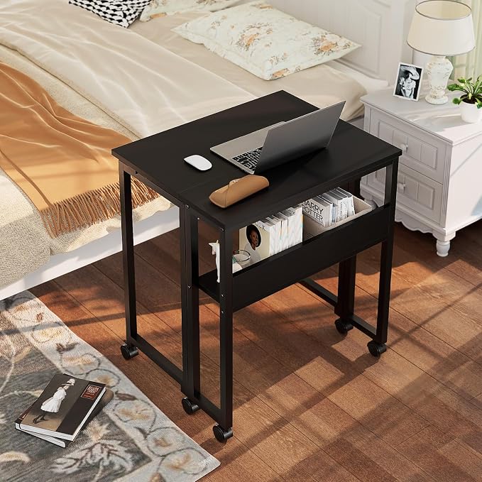 GreenForest Folding Desk with Wheels, 24.8" Rolling Table for Small Spaces | Storage Shelf, Lockable Casters, Compact Portable Workstation, Space-Saving Foldable Sofa Table, Home Office, Mobile, Black - Image 2