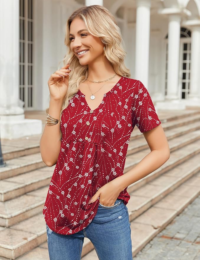 Zeagoo Womens Short Sleeve Tops Summer Henley V-Neck Tshirts Casual Pleated Blouse Dressy Loose Floral Basic Tee - Image 4