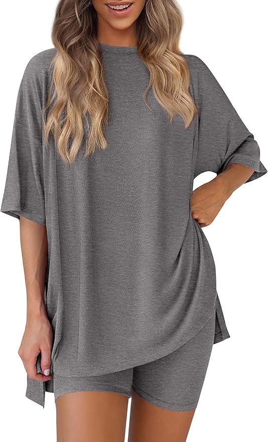 PRETTYGARDEN Women 2 Piece Lounge Set 2026 Summer Casual Oversized Shirts Biker Shorts Matching Airport Travel Outfit Clothes by PRETTYGARDEN