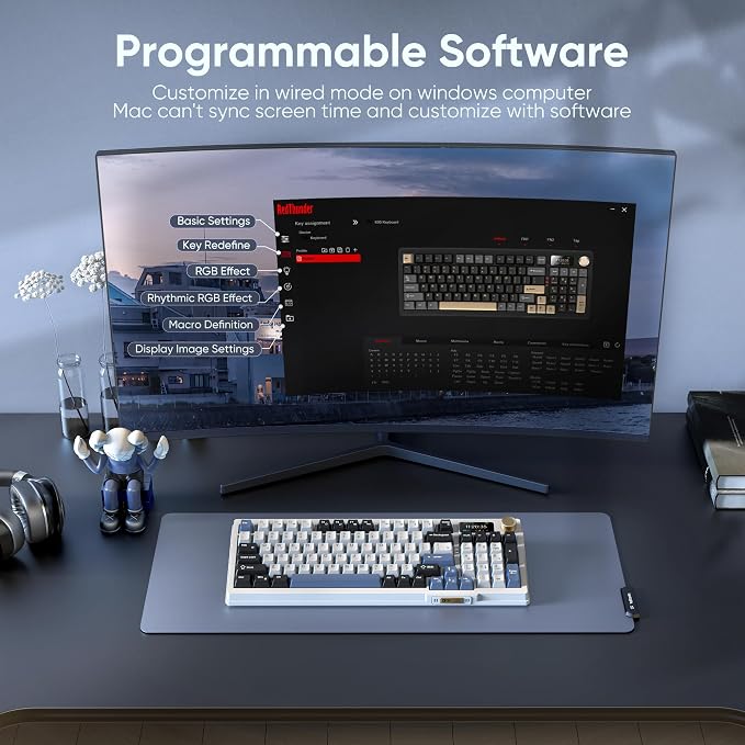 RedThunder K95 Wireless Mechanical Keyboard, TFT Screen & Knob, Tri-Mode BT5.0/2.4GHz/USB-C Hot Swappable Custom, Pre-lubed Linear Switches, Gasket Structure, RGB Gaming Keyboard, Snowy White-Blue - Image 8