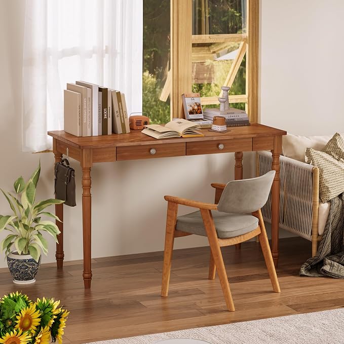 47 x 22 Inch Wooden Desk with Drawers -Simple Mid Century Modern Desk with 2 Hooks, Solid Rubber Wood Study Table for Living Room, Bedroom & Home Office, Walnut Color - Image 3