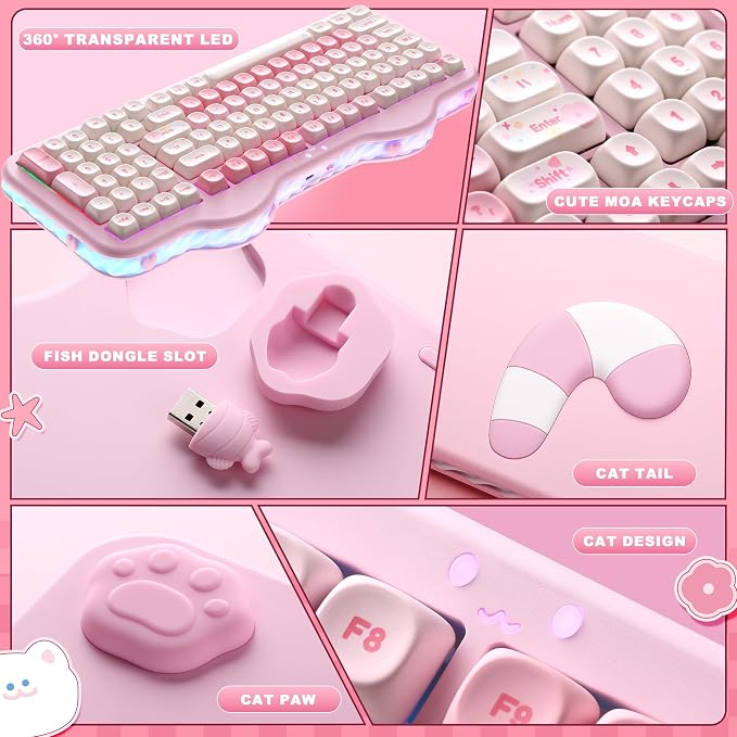 YUNZII C98 Cute Cake Wireless Mechanical Keyboard (Pink, Milk Switch) | 99 Keys with Number Pad, Hot Swap, PBT MOA Keycaps, BT5.0/2.4G/USB-C, Gasket Mount, Custom RGB Backlit for Win/Mac - Image 8