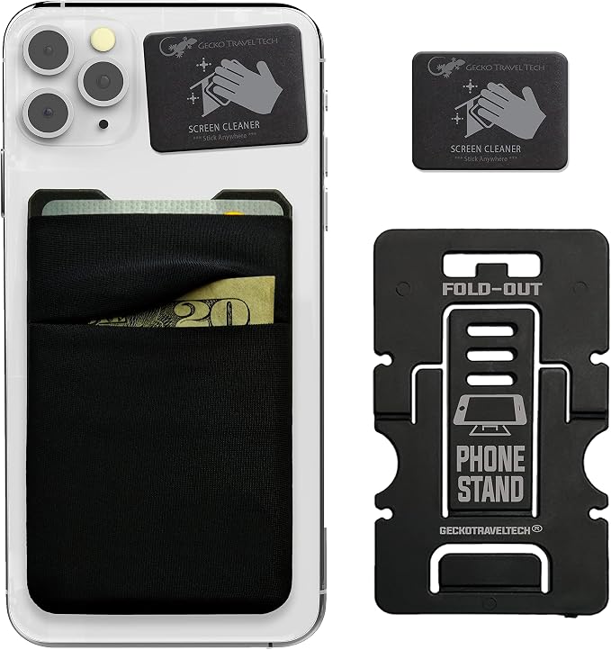 Phone Wallet Double Pocket Gecko - Adhesive Card Holder - Cell Phone Pouch - Stick on Spandex Pocket by Gecko - Carry Credit Cards and Cash (BLACK-BLANK-) by GeckoTravelTech